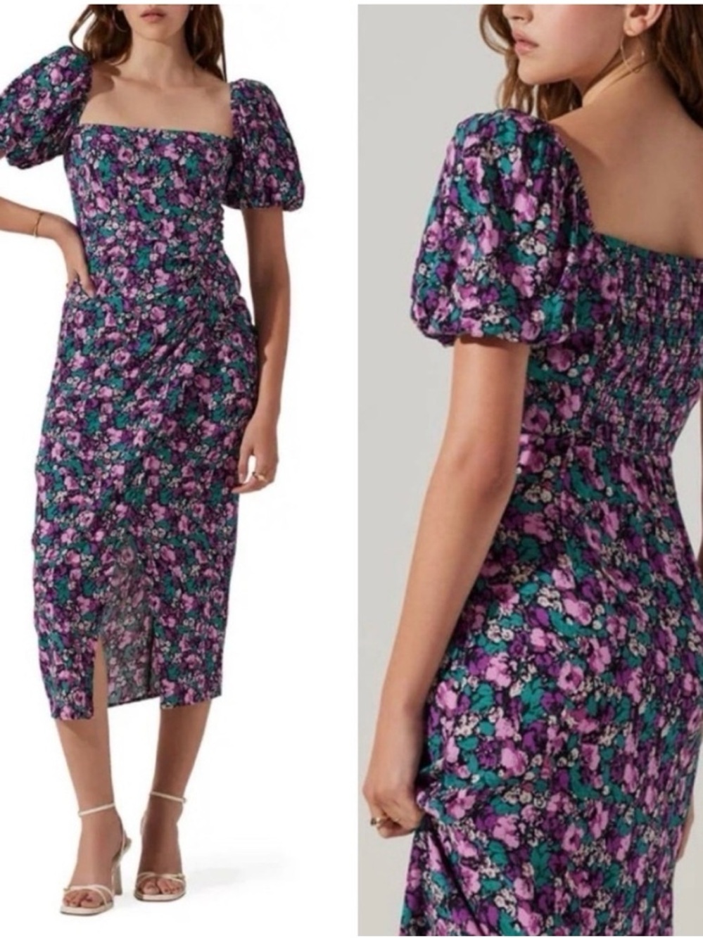 ASTR the label Puff Sleeve Front Slit Midi Dress in Blue purple Fuchsia Floral